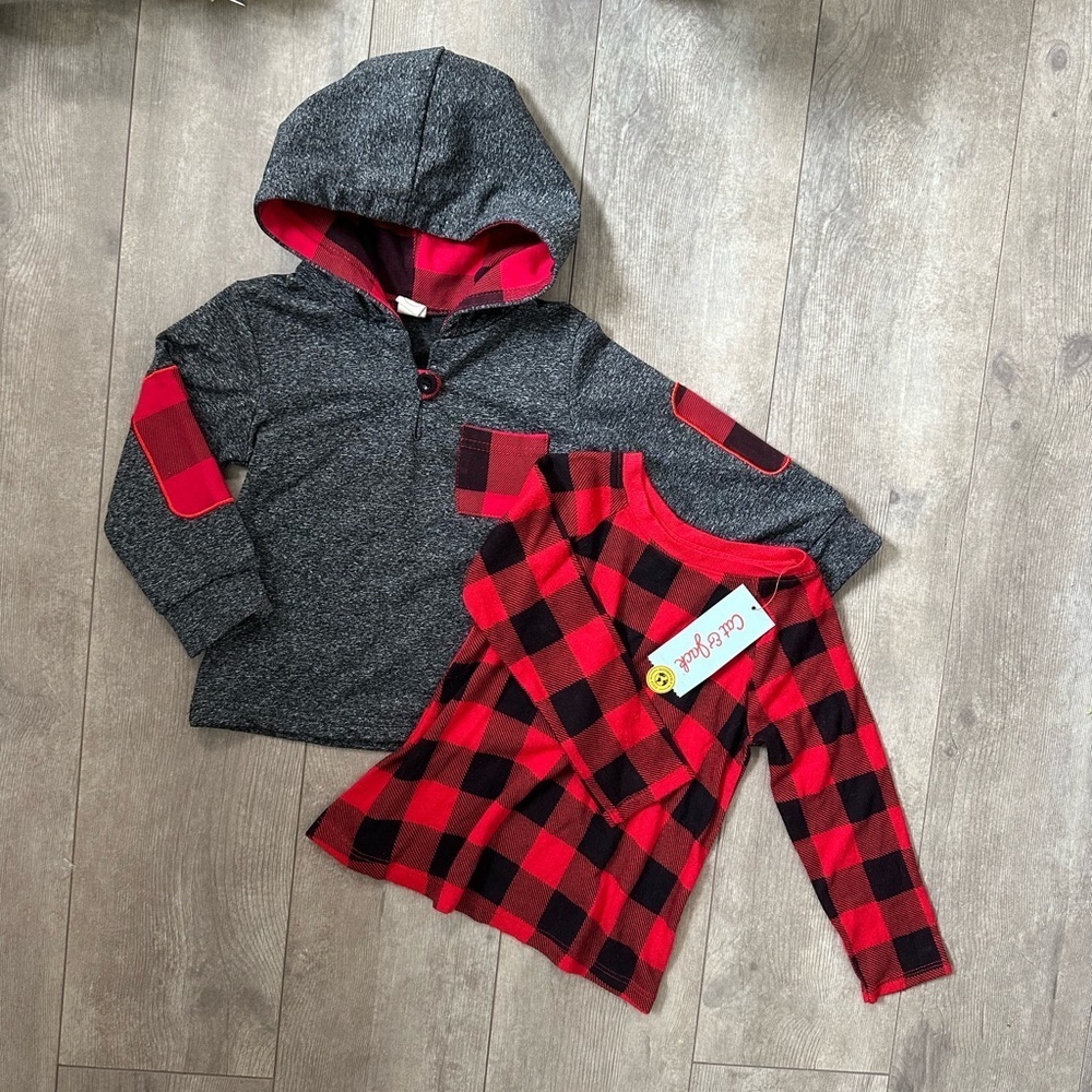 Buffalo Plaid Toddler Boy Hoodie & Long Sleeve Shirt Clothes Bundle